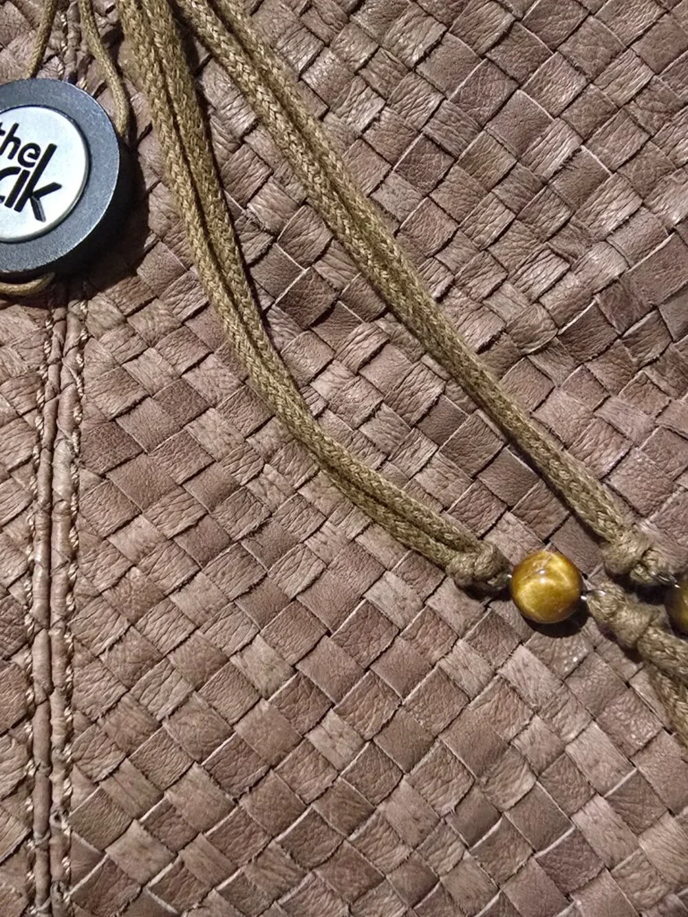 The Sak Brown Woven Leather Tote Shoulder Bag Tiger Eye Bead Charm